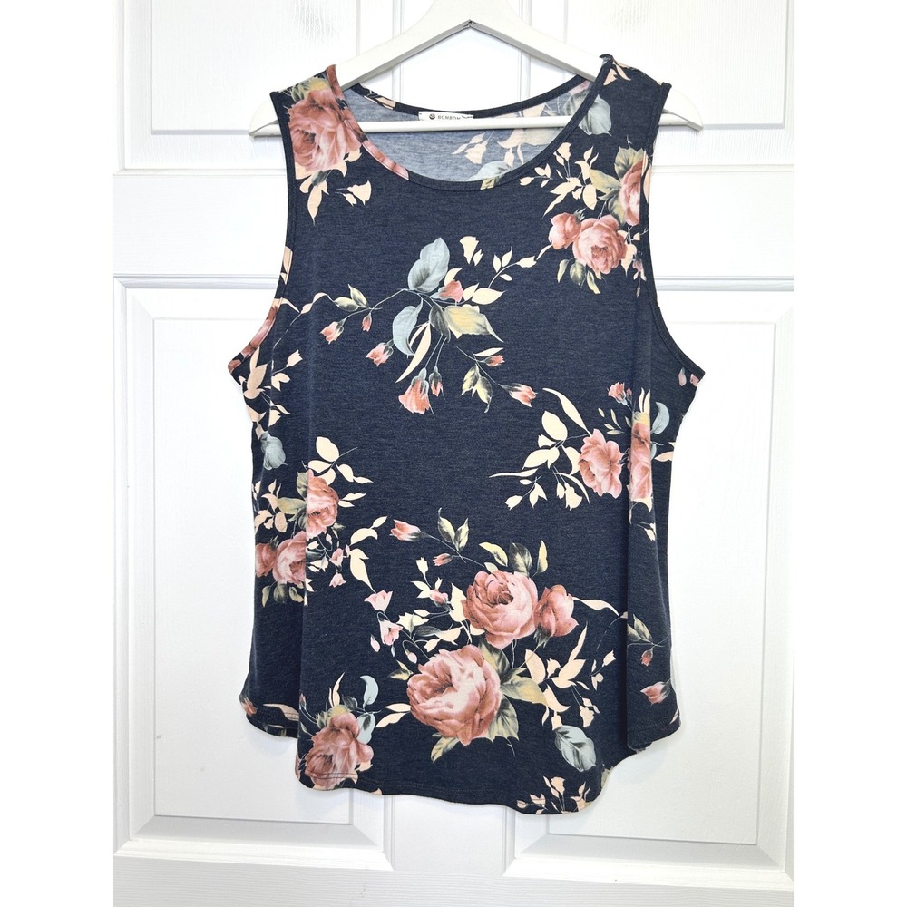 BOMBOM Floral Tank Top XL Navy Blue Rose Print Sleeveless